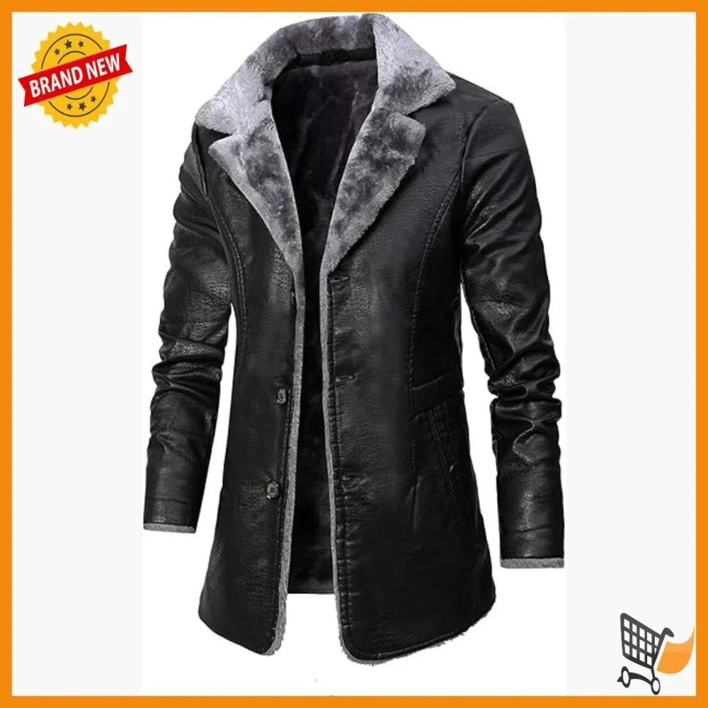Men's Faux Leather Trench Coat with Fur Lapel Collar, Slim Fit, Winter